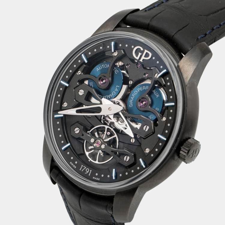 Pre Owned Girard-Perregaux Black Skeleton Titanium Alligator Leather Neo Bridges Earth To Sky Edition 8400-21-632-BH6A Men's Wristwatch 45 mm