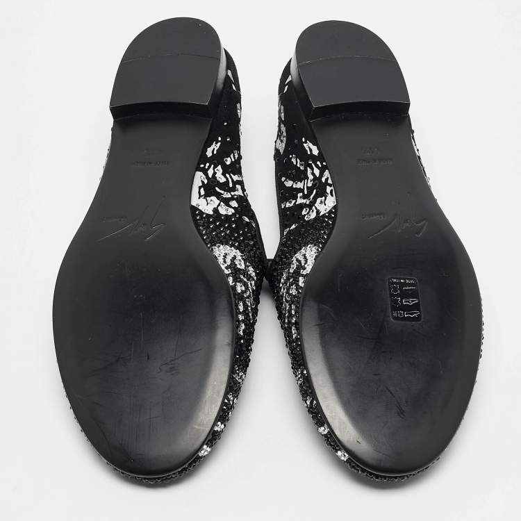 Pre Owned Giuseppe Zanotti Black/White Hand Print Suede Crystal Embellished Smoking Slippers Size 41.5