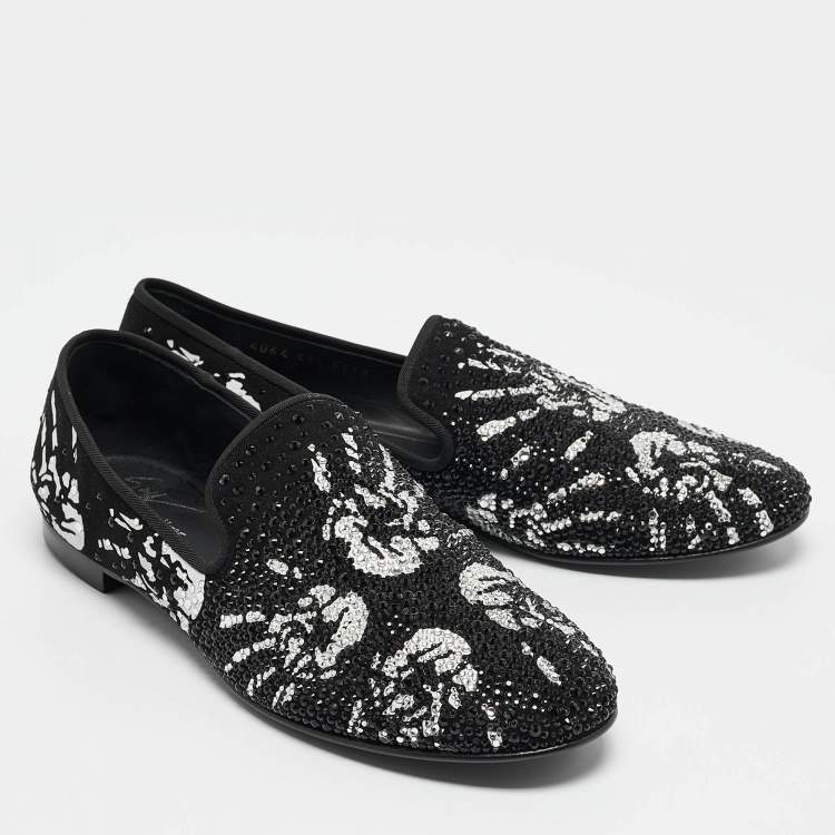 Pre Owned Giuseppe Zanotti Black/White Hand Print Suede Crystal Embellished Smoking Slippers Size 41.5