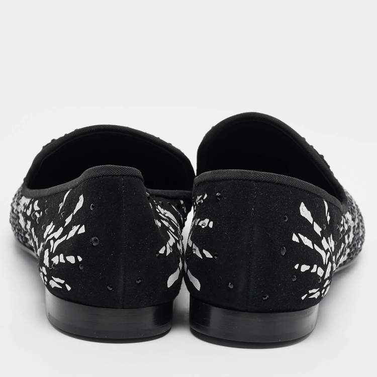 Pre Owned Giuseppe Zanotti Black/White Hand Print Suede Crystal Embellished Smoking Slippers Size 41.5