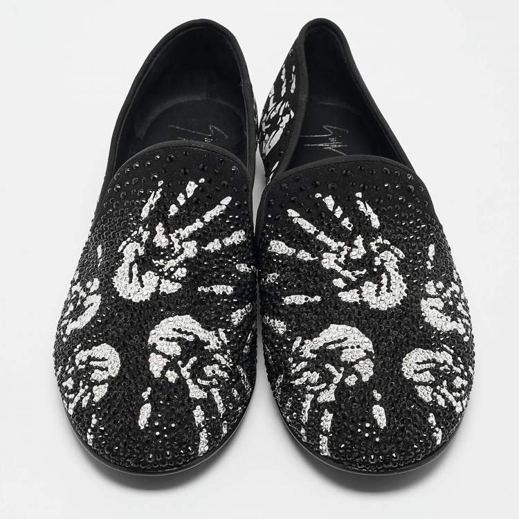 Pre Owned Giuseppe Zanotti Black/White Hand Print Suede Crystal Embellished Smoking Slippers Size 41.5