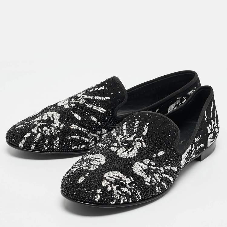 Pre Owned Giuseppe Zanotti Black/White Hand Print Suede Crystal Embellished Smoking Slippers Size 41.5