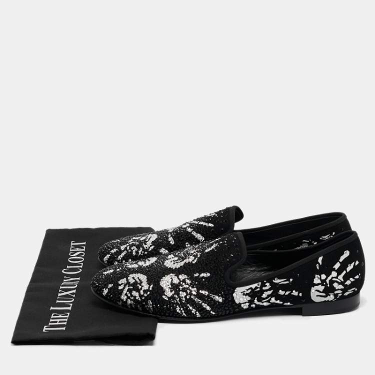 Pre Owned Giuseppe Zanotti Black/White Hand Print Suede Crystal Embellished Smoking Slippers Size 41.5