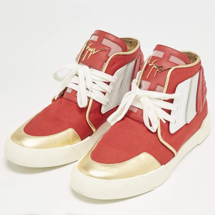 Pre Owned Giuseppe Zanotti Red/Gold Canvas And Leather Foxy London High Top Sneakers Size 45