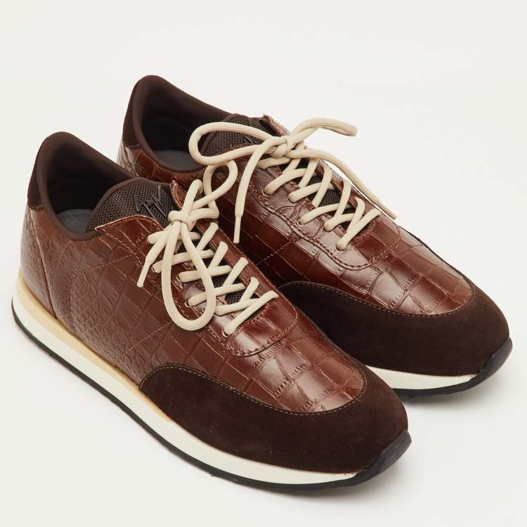 مملوكة مسبقًا Giuseppe Zanotti Jimy Size 42 Brown Croc Embossed Leather and Suede Low Top Sneakers