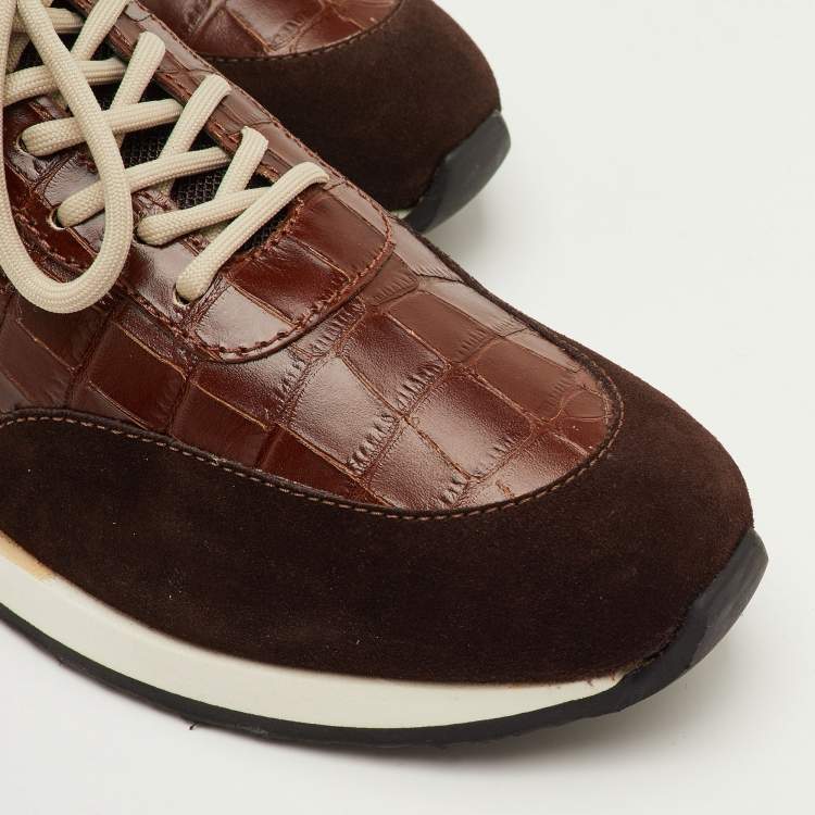 مملوكة مسبقًا Giuseppe Zanotti Jimy Size 42 Brown Croc Embossed Leather and Suede Low Top Sneakers