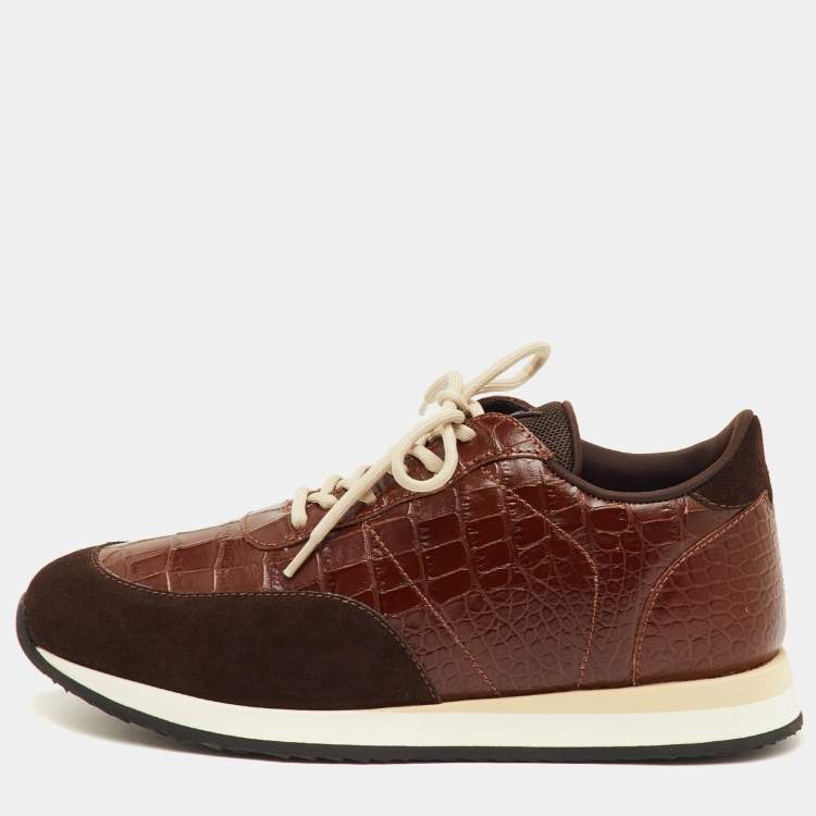 مملوكة مسبقًا Giuseppe Zanotti Jimy Size 42 Brown Croc Embossed Leather and Suede Low Top Sneakers