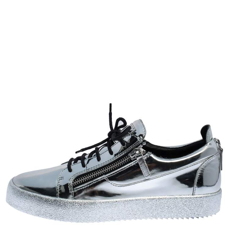 Pre Owned Giuseppe Zanotti Silver Patent Leather Double Zip Low Top Platform Sneakers Size 45