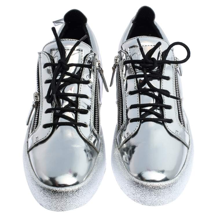 Pre Owned Giuseppe Zanotti Silver Patent Leather Double Zip Low Top Platform Sneakers Size 45