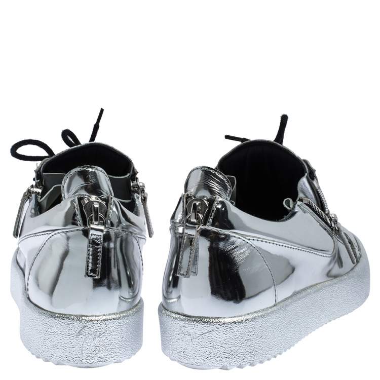 Pre Owned Giuseppe Zanotti Silver Patent Leather Double Zip Low Top Platform Sneakers Size 45