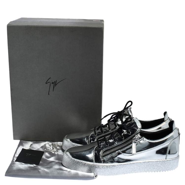 Pre Owned Giuseppe Zanotti Silver Patent Leather Double Zip Low Top Platform Sneakers Size 45