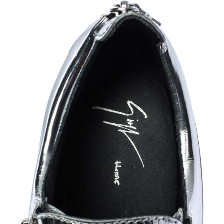 Pre Owned Giuseppe Zanotti Silver Patent Leather Double Zip Low Top Platform Sneakers Size 45
