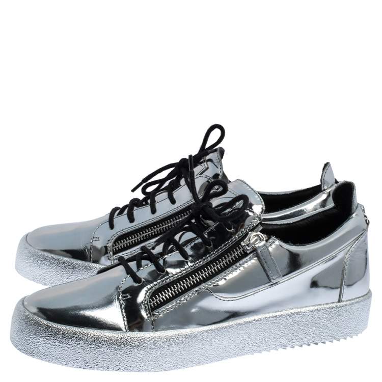 Pre Owned Giuseppe Zanotti Silver Patent Leather Double Zip Low Top Platform Sneakers Size 45