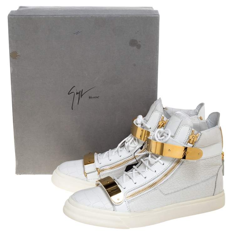 Pre Owned Giuseppe Zanotti White Croc Embossed Leather Coby High Top Sneakers Size 45