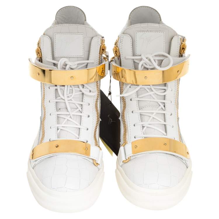 Pre Owned Giuseppe Zanotti White Croc Embossed Leather Coby High Top Sneakers Size 45