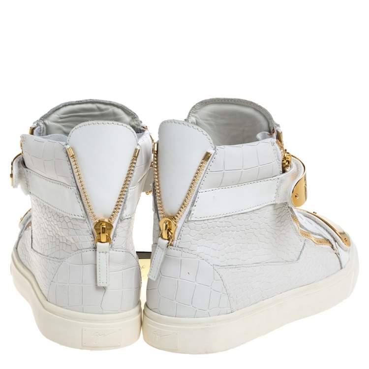 Pre Owned Giuseppe Zanotti White Croc Embossed Leather Coby High Top Sneakers Size 45