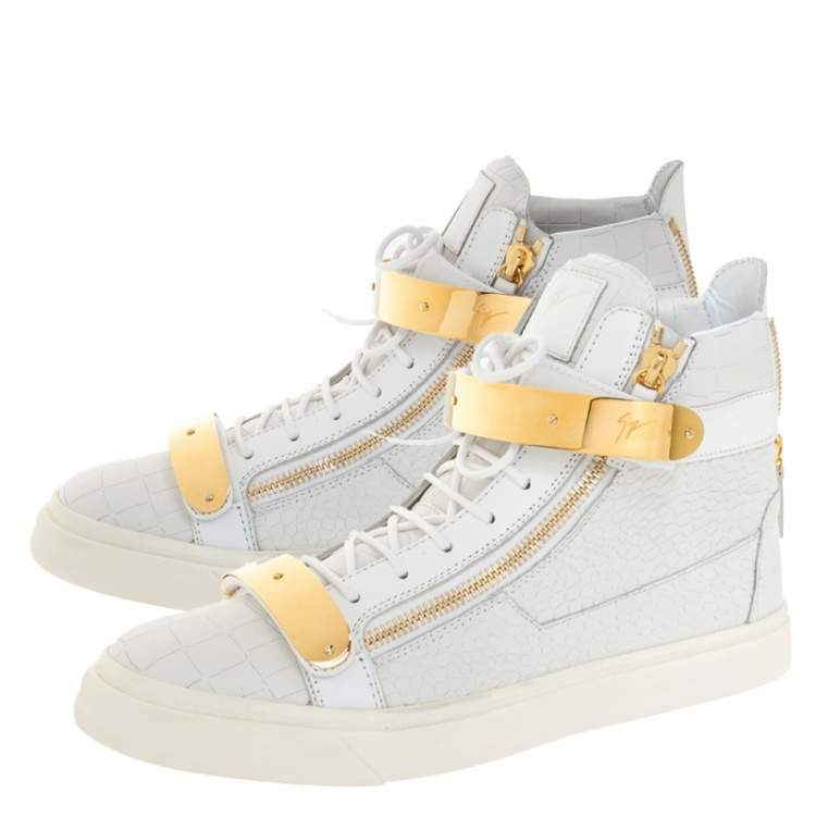 Pre Owned Giuseppe Zanotti White Croc Embossed Leather Coby High Top Sneakers Size 45