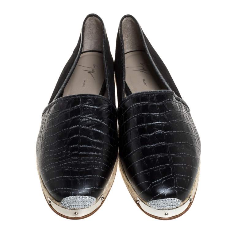 Pre Owned Giuseppe Zanotti Black Croc Embossed Leather and Suede Espadrille Flats Size 45