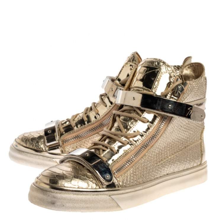 Pre Owned Giuseppe Zanotti Metallic Gold Python Embossed Leather Coby High Top Sneakers Size 41