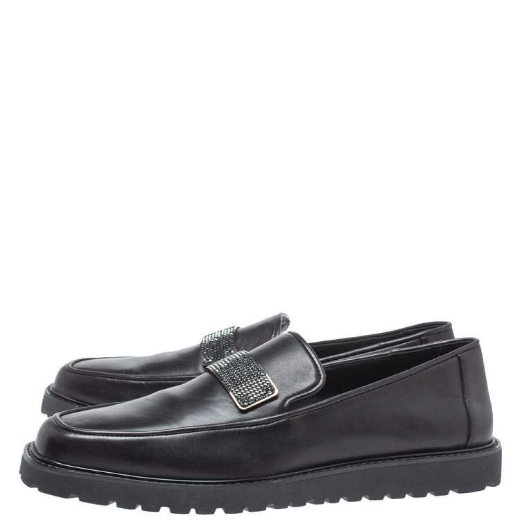 Pre Owned Giuseppe Zanotti Black Leather Crystal Embellished Slip On Loafers Size 42
