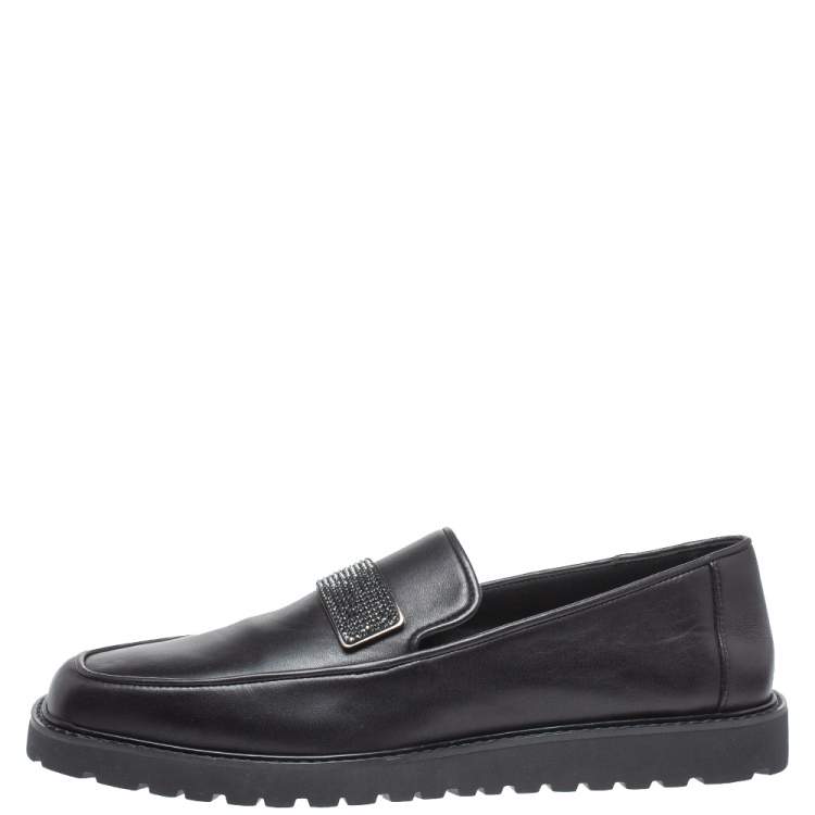 Pre Owned Giuseppe Zanotti Black Leather Crystal Embellished Slip On Loafers Size 42