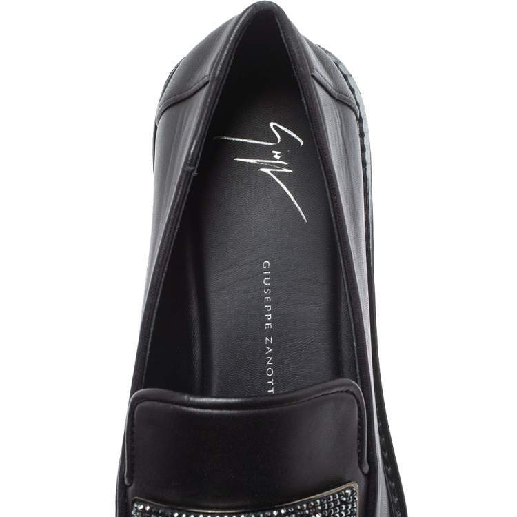 Pre Owned Giuseppe Zanotti Black Leather Crystal Embellished Slip On Loafers Size 42