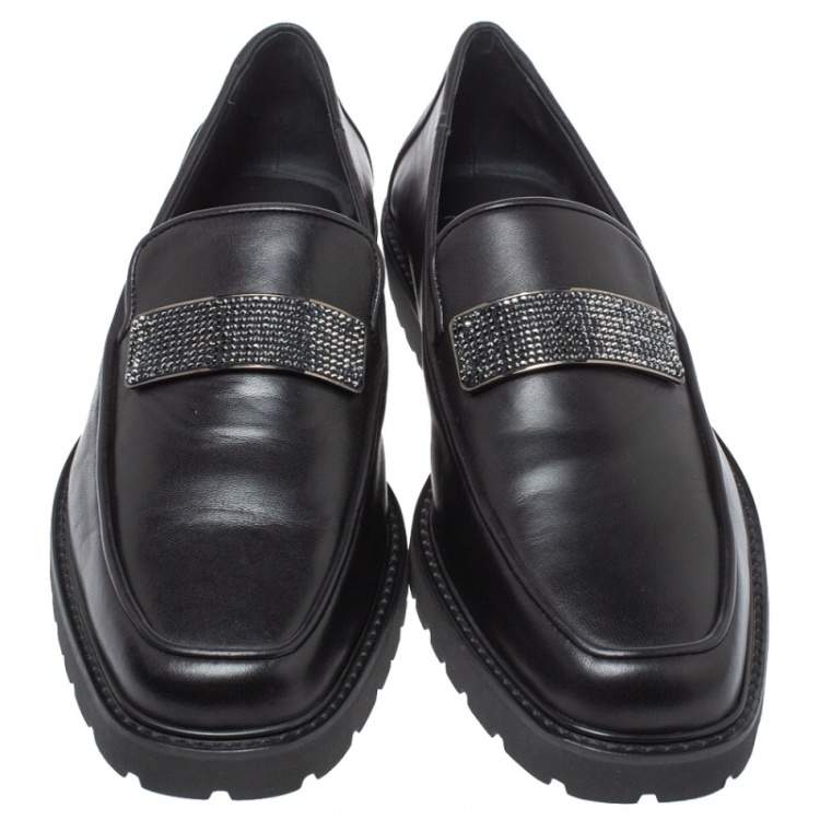 Pre Owned Giuseppe Zanotti Black Leather Crystal Embellished Slip On Loafers Size 42
