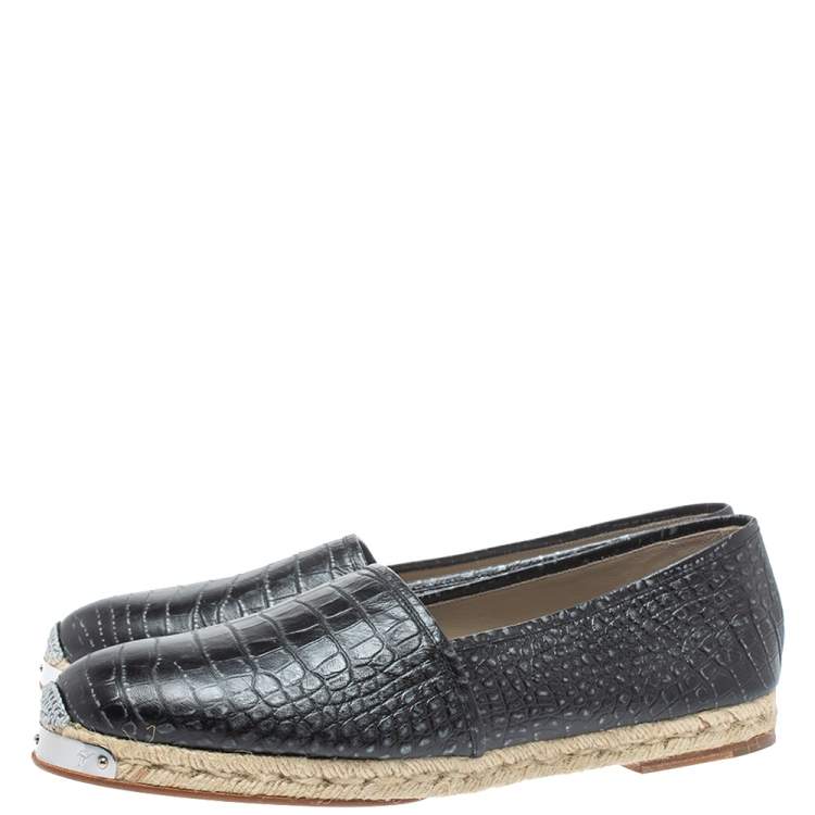 Pre Owned Giuseppe Zanotti Black Croc Embossed Leather Espadrille Slip On Loafers Size 45 