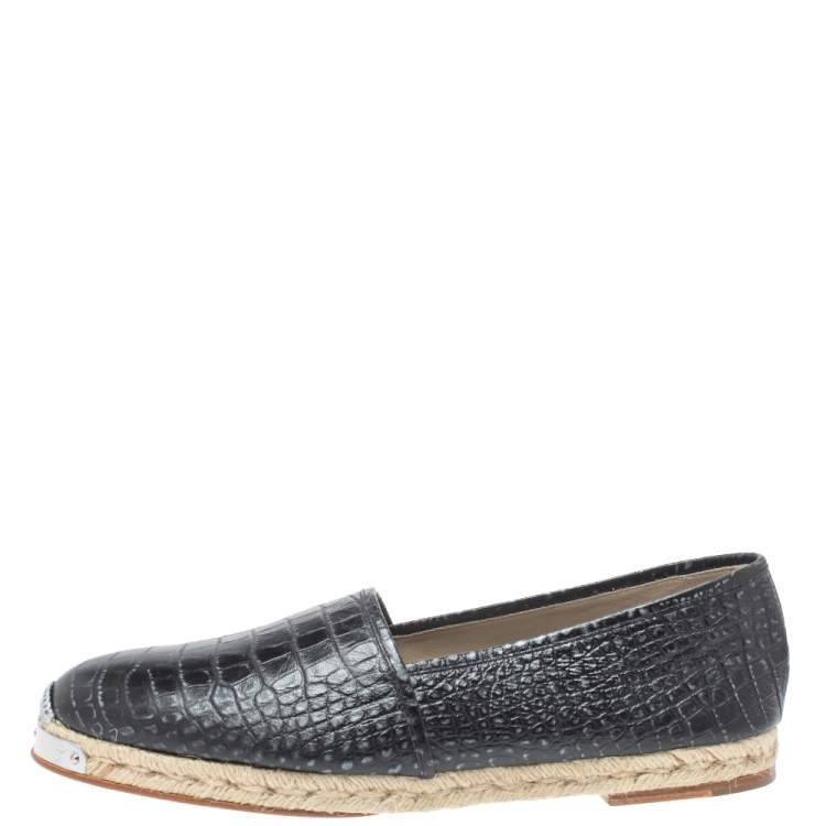 Pre Owned Giuseppe Zanotti Black Croc Embossed Leather Espadrille Slip On Loafers Size 45 