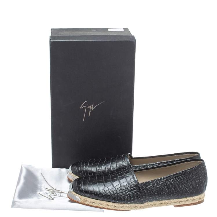 Pre Owned Giuseppe Zanotti Black Croc Embossed Leather Espadrille Slip On Loafers Size 45 