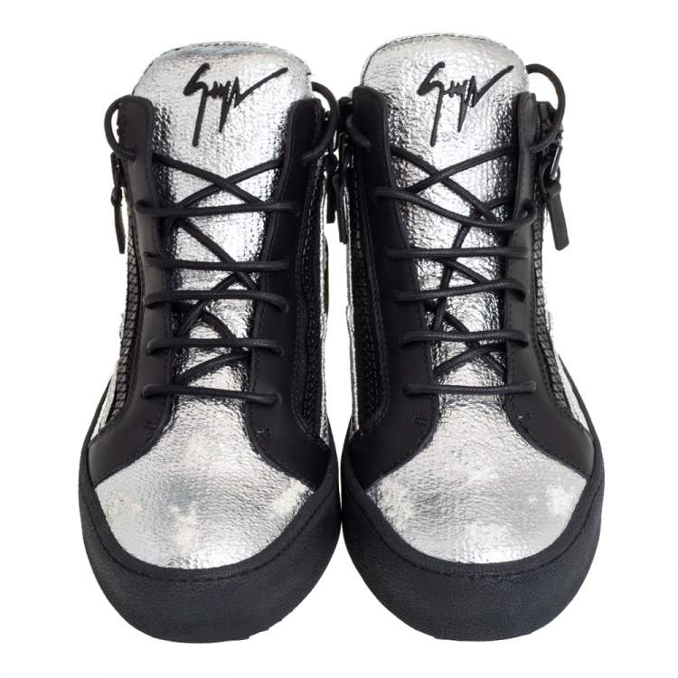 Pre Owned Giuseppe Zanotti Black/Silver Leather High Top Sneakers Size 40