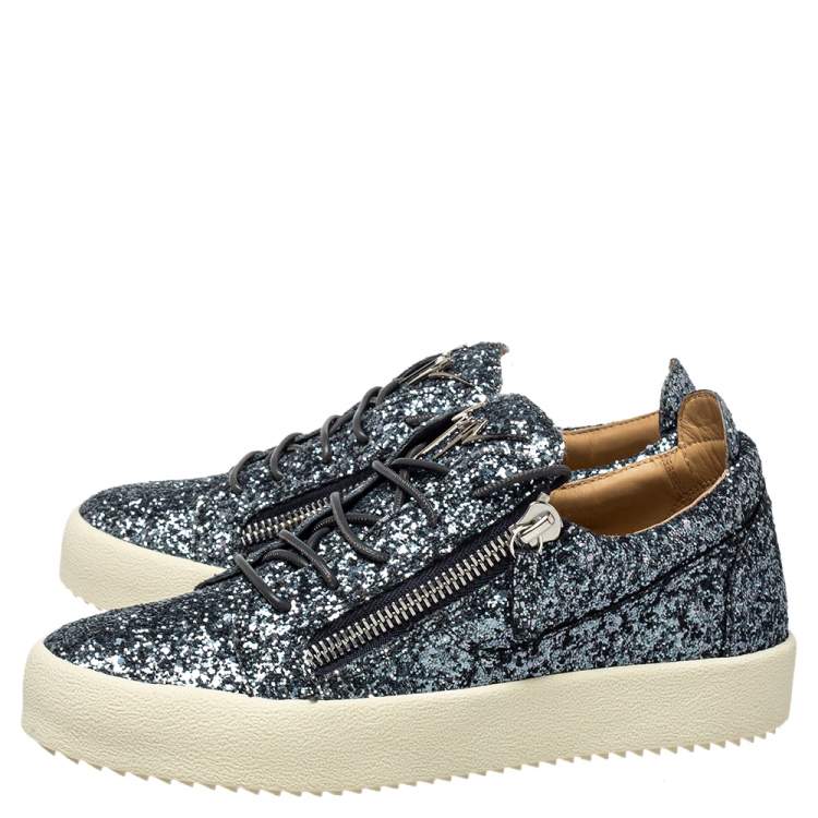Pre Owned Giuseppe Zanotti Grey/Silver Glitter Low Top Sneakers Size 40