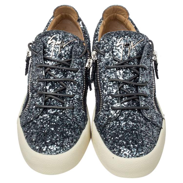 Pre Owned Giuseppe Zanotti Grey/Silver Glitter Low Top Sneakers Size 40
