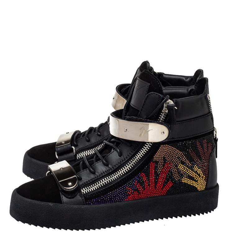 مملوكة مسبقًا Giuseppe Zanotti Black Suede And Leather Coby Crystal Embellished High Top Sneakers Size 40