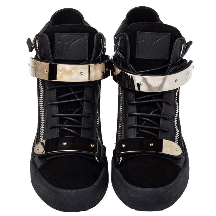 مملوكة مسبقًا Giuseppe Zanotti Black Suede And Leather Coby Crystal Embellished High Top Sneakers Size 40