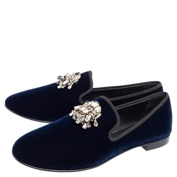 Pre Owned Giuseppe Zanotti Midnight Blue Velvet Kevin Smoking Slippers Size 42.5