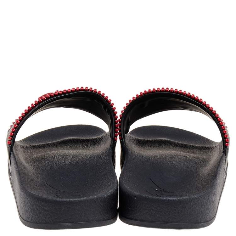 Pre Owned Giuseppe Zanotti Black/Red Brett Zip Leather Slides Size 45