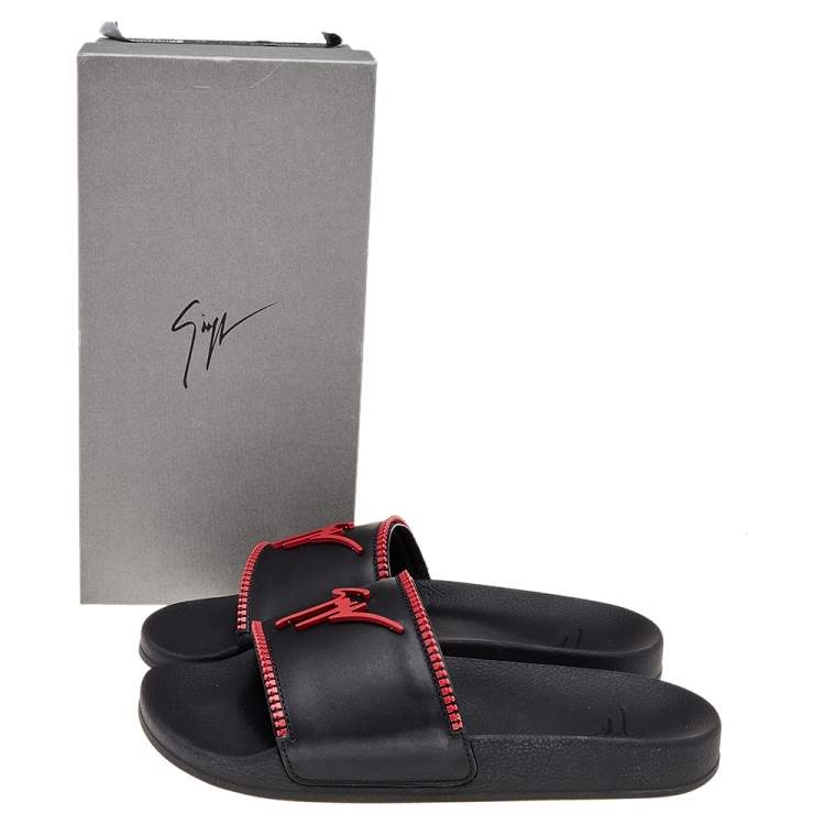 Pre Owned Giuseppe Zanotti Black/Red Brett Zip Leather Slides Size 45