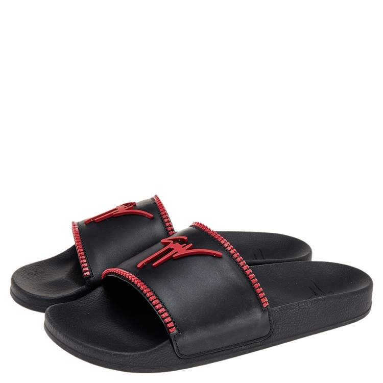 Pre Owned Giuseppe Zanotti Black/Red Brett Zip Leather Slides Size 45