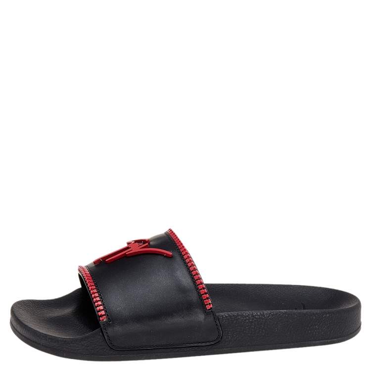 Pre Owned Giuseppe Zanotti Black/Red Brett Zip Leather Slides Size 45