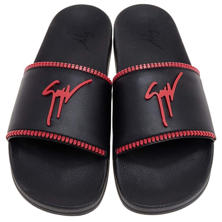 Pre Owned Giuseppe Zanotti Black/Red Brett Zip Leather Slides Size 45