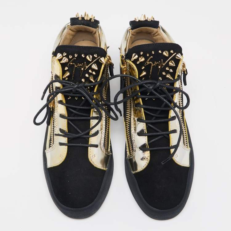 Pre Owned Giuseppe Zanotti Black/Gold Suede and Leather Studded Jimbo Mid Top Sneakers Size 40