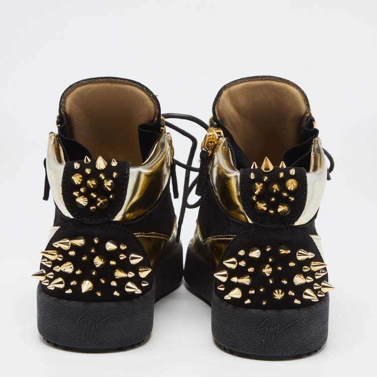 Pre Owned Giuseppe Zanotti Black/Gold Suede and Leather Studded Jimbo Mid Top Sneakers Size 40