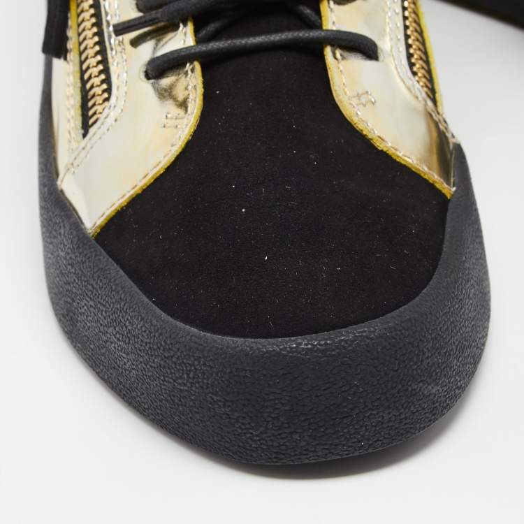 Pre Owned Giuseppe Zanotti Black/Gold Suede and Leather Studded Jimbo Mid Top Sneakers Size 40