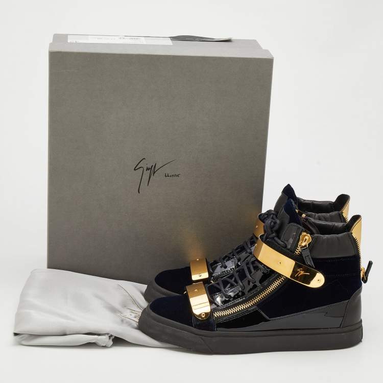 Pre Owned Giuseppe Zanotti Black/Navy Blue Leather And Velvet Double Coby High Top Sneakers Size 42