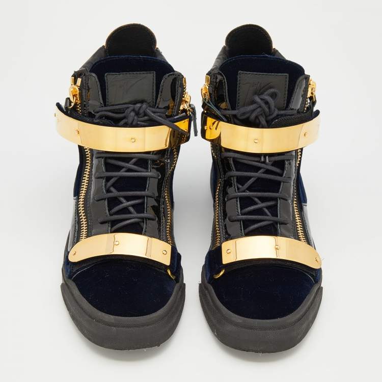 Pre Owned Giuseppe Zanotti Black/Navy Blue Leather And Velvet Double Coby High Top Sneakers Size 42