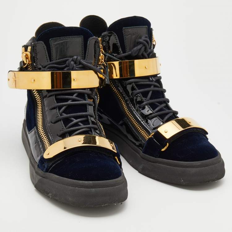 Pre Owned Giuseppe Zanotti Black/Navy Blue Leather And Velvet Double Coby High Top Sneakers Size 42