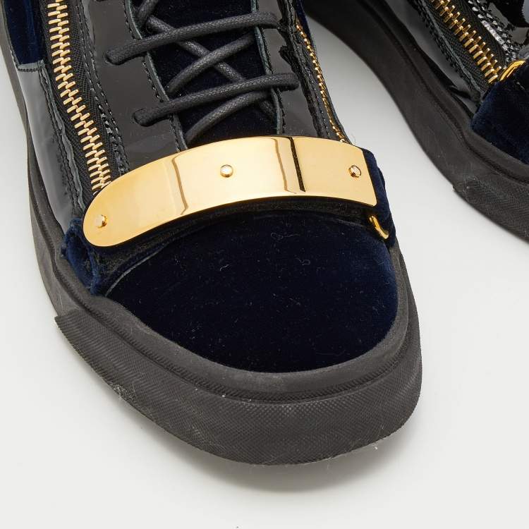 Pre Owned Giuseppe Zanotti Black/Navy Blue Leather And Velvet Double Coby High Top Sneakers Size 42