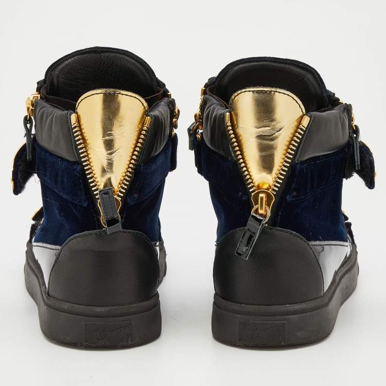 Pre Owned Giuseppe Zanotti Black/Navy Blue Leather And Velvet Double Coby High Top Sneakers Size 42