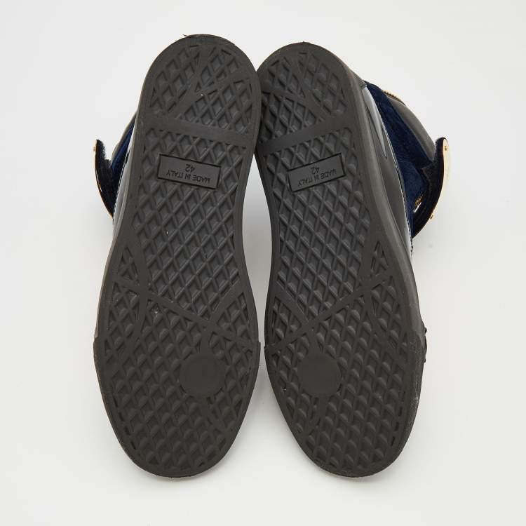 Pre Owned Giuseppe Zanotti Black/Navy Blue Leather And Velvet Double Coby High Top Sneakers Size 42